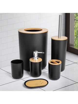 AYNEX 6-Piece Modern Bathroom Accessories Set | Soap Dispenser, Soap Dish, Toothbrush Cup, Toilet Brush & Holder, Bin | Black | PP Material | Bathroom Organiser Set