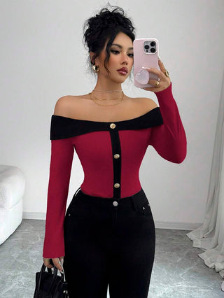 SHEIN Elenzya Elegant Off Shoulder Long Sleeve T-Shirt, Ribbed Knit Patchwork With Metal Buckle, Casual For Daily Wear, Party, Wedding, Chic Black Colorblock Top For Women In Winter/New Year