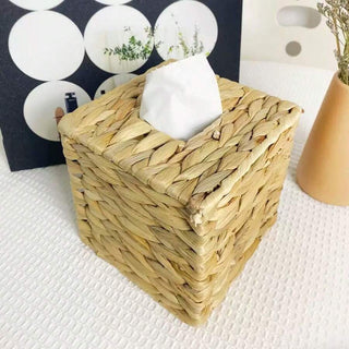 AYNEX Square Rattan Wicker Tissue Box Holder Boho Decorative Woven Facial Tissue Cube Cover Table Bathroom Living Room Natural Wood Colour