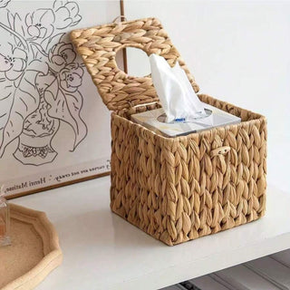 AYNEX Square Rattan Wicker Tissue Box Holder Boho Decorative Woven Facial Tissue Cube Cover Table Bathroom Living Room Natural Wood Colour