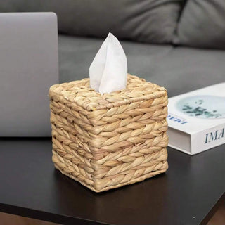 AYNEX Square Rattan Wicker Tissue Box Holder Boho Decorative Woven Facial Tissue Cube Cover Table Bathroom Living Room Natural Wood Colour