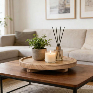 AYNEX Wooden Decorative Tray Round Wooden Tray for Bathroom Kitchen Living Room Soap Holder Candle Display Tray Dining Table & Fruit Tray