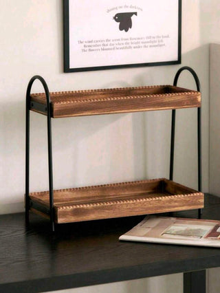 AYNEX Vintage 2-Tier Wooden Storage Rack Metal Cosmetic Organiser Perfume Jewellery Kitchen Spice Display Shelf Desktop Decor Home Gift Idea