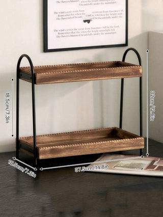 AYNEX Vintage 2-Tier Wooden Storage Rack Metal Cosmetic Organiser Perfume Jewellery Kitchen Spice Display Shelf Desktop Decor Home Gift Idea