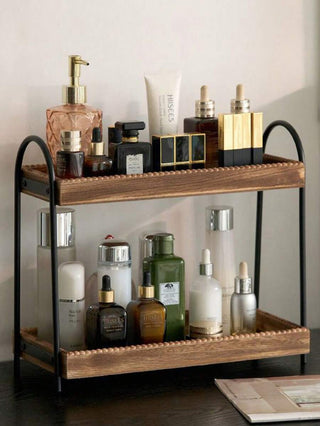 AYNEX Vintage 2-Tier Wooden Storage Rack Metal Cosmetic Organiser Perfume Jewellery Kitchen Spice Display Shelf Desktop Decor Home Gift Idea