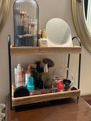 AYNEX Vintage 2-Tier Wooden Storage Rack Metal Cosmetic Organiser Perfume Jewellery Kitchen Spice Display Shelf Desktop Decor Home Gift Idea