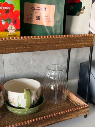AYNEX Vintage 2-Tier Wooden Storage Rack Metal Cosmetic Organiser Perfume Jewellery Kitchen Spice Display Shelf Desktop Decor Home Gift Idea