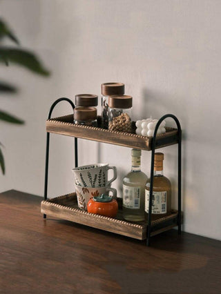 AYNEX Vintage 2-Tier Wooden Storage Rack Metal Cosmetic Organiser Perfume Jewellery Kitchen Spice Display Shelf Desktop Decor Home Gift Idea