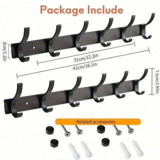 AYNEX Black Wall Mounted Coat Hooks Set Of 2 Heavy Duty 6 Hook Clothes Hanger Rack For Entryway Bedroom Bathroom & Closet Storage