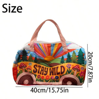 AYNEX Bohemian Stay Wild Retro Bus Print Travel Tote Bag Multicolour | Waterproof Washable Polyester | Gym Weekend Clothing Storage Bag