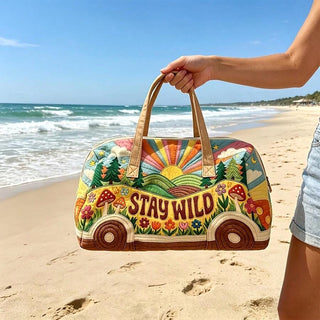AYNEX Bohemian Stay Wild Retro Bus Print Travel Tote Bag Multicolour | Waterproof Washable Polyester | Gym Weekend Clothing Storage Bag