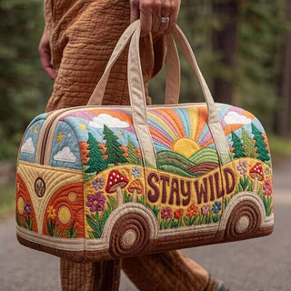 AYNEX Bohemian Stay Wild Retro Bus Print Travel Tote Bag Multicolour | Waterproof Washable Polyester | Gym Weekend Clothing Storage Bag