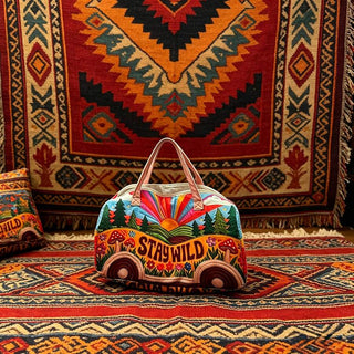 AYNEX Bohemian Stay Wild Retro Bus Print Travel Tote Bag Multicolour | Waterproof Washable Polyester | Gym Weekend Clothing Storage Bag