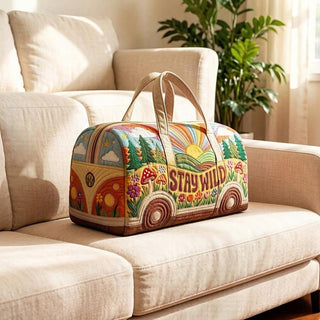 AYNEX Bohemian Stay Wild Retro Bus Print Travel Tote Bag Multicolour | Waterproof Washable Polyester | Gym Weekend Clothing Storage Bag